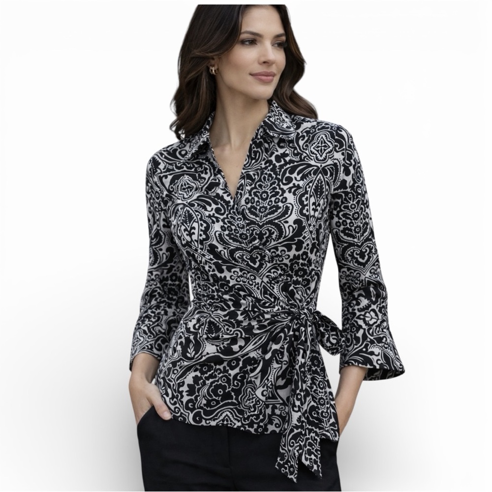 Ann Taylor Petites Wrap Blouse 6P EUC Black White Paisley Career Work Top